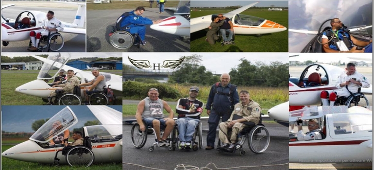 Un collage di immagini di persone disabili impegnate in volo e a terra davanti all'aliante